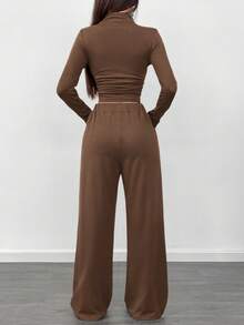 Almamuse 2pcs/Set Asymmetric Ruched Hem Long Sleeve T-Shirt And Wide Leg Pants - Brown - View 2
