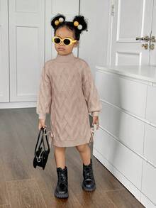 Young Girl Solid Stand Collar Fitted Casual Sweater Dress - Khaki - View 7