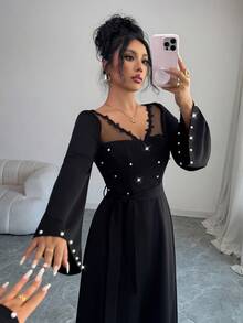 Yasmyna 女式优雅系腰 A 字连衣裙，带串珠网眼花卉蕾丝花边，长袖，黑色 - 黑色 - 查看 3