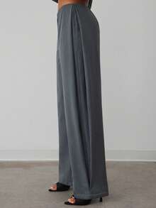 Hauture Women's Sexy Casual Office Wide Leg Side Pleated Business Trousers Pants - Grey - View 3