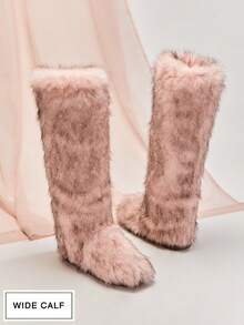 SHUZIA 女式宽筒人造毛皮毛茸茸蓬松圆头冬季舒适及膝靴 - 珊瑚粉 - 查看 6