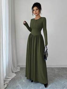 Rafferiza 女式纯色圆领针织拼接褶边长袖半开襟连衣裙 - 軍綠色 - 查看 7