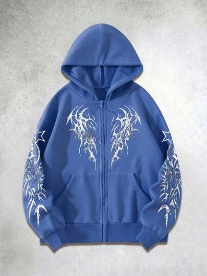 Goth Men's Autumn/Winter Pentagram Print Zip Front Pocket Drawstring Hoodie Sweatshirt