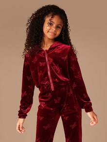 SUMWON Tween Girls Burgundy Velvet Butterfly Print Hoodie Sweatshirt Co-Ord Set Long Sleeve Zip Up Tracksuit Winter Fall