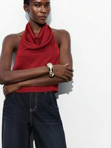 Maija Seksowny damski czerwony top z odkrytymi plecami i głębokim dekoltem, elegancki na dojazdy do pracy, do pracy, na Boże Narodzenie i Nowy Rok