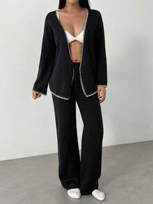 FavEase Set de 2 piezas de mujer con cardigan holgado de contraste y pantalones de punto - Blanco y Negro - Ver 6