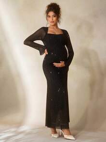 Cheriluna Maternity Vestido de maternidad elegante con cuello cuadrado largo, unicolor y con strass para sesión de fotos - Negro - Ver 5