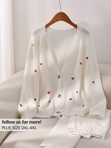 CosyJoli 大码女式秋冬长袖心形刺绣开衫 - 米色 - 查看 1