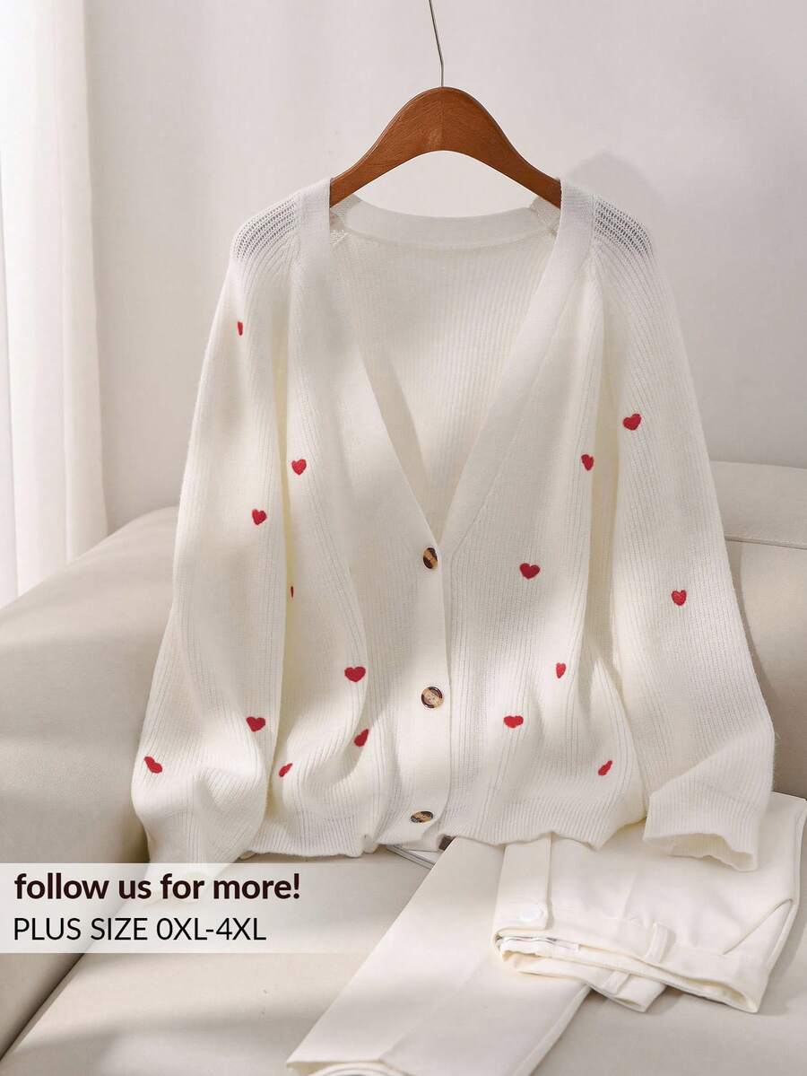 CosyJoli 大码女式秋冬长袖心形刺绣开衫 - 米色 - 查看 1