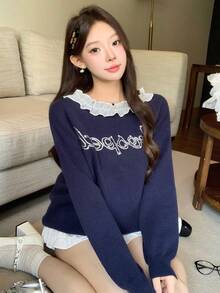 DAZY 女式拼色蕾丝拼布水钻字母图案提花宽松针织毛衣，适合秋季、冬季、新年、圣诞节 - 藏蓝色 - 查看 10