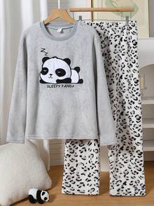 Girls Plush Panda Embroidered Sweatshirt & Leopard Print Plush Thick Comfortable Long Pants Pajama Set - Multicolor - View 1