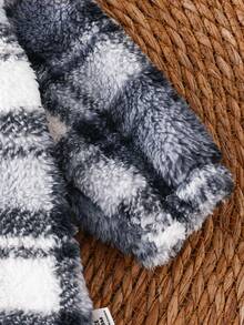 Newborn Hooded Romper, Plush Fabric, Classic Retro Brown Plaid Pattern, Cute Furry Ear Design, Zipper Closure, Long Sleeve Footie Pajamas, Infant Unisex Autumn/Winter Outfit - Blue - View 5