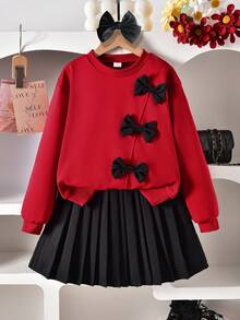 2件套：蝴蝶结点缀卡其色长袖运动衫和黑色百褶迷你裙 - 酒紅色 - 查看 4