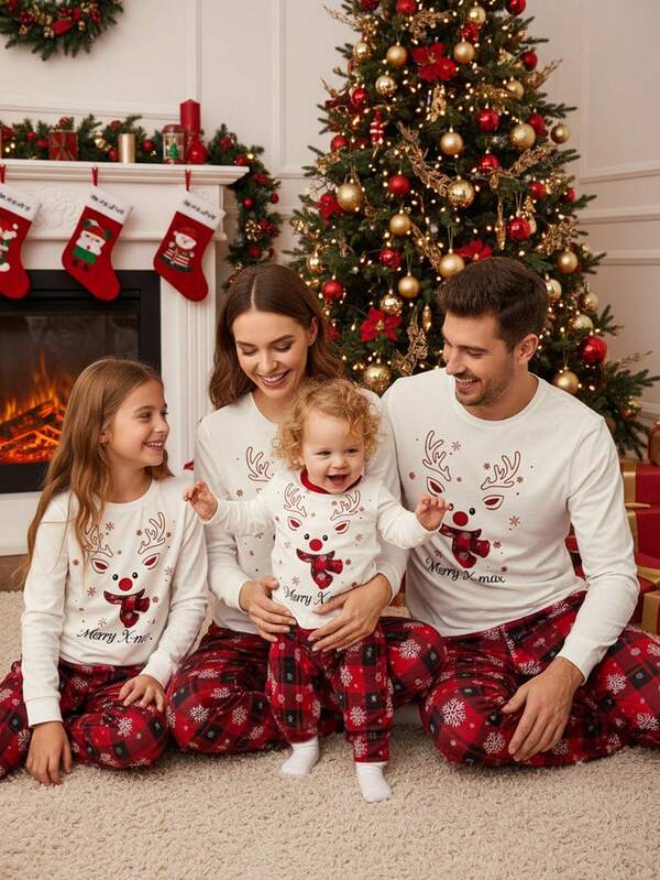 SHEIN Conjunto de ropa de estar en casa para niña bebé con pantalón de punto a cuadros casual y versátil, y parte superior de punto con estampado de dibujos animados