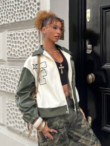 StreetHx New Street Style Autumn/Winter Chic Patchwork Faux PU Jacket For Women - Army Green - View 6