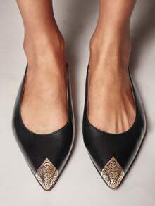 SHUZIA 魅力女士黑色仿皮PU尖头露跟假日秋冬平底鞋 - 黑色 - 查看 2