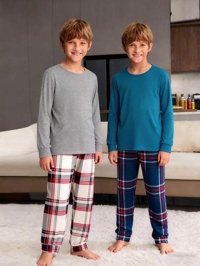 4pcs Boy Pajamas Set, Long Sleeve Top With Contrast Cuffs & Pants With Plaid Pattern, Comfortable Fit, Stretchy And Machine Washable, Minimalist Design For Easy Matching (2 Sets Sold Separately)