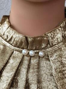 Elenzga Women's Elegant Commuter Gold Floral Lace Crew Neck Ruffle Pearl Button Decor Flare Sleeve Long Sleeve Slim Fit Blouse, Spring/Autumn - Gold - View 5