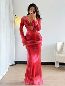 Rafferiza Damen tief ausgeschnittenes figurbetontes Maxikleid mit Blume Muster und rückenfreiem Rücken - Rot - Übersicht 6