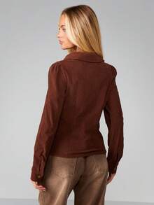 MISSGUIDED Ribbed Button Up Cardigan Jacket With Gold Button Accents Casual Fall Winter Layering Piece - Brown - View 2