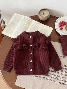 SHEIN 2件套婴儿荷叶边针织开衫和阔腿裤套装 秋冬两件套 泡泡袖婴儿服 女婴针织套装 婴儿毛衣套装 秋冬两件套 舒适精灵女婴套装 女婴针织套装 婴儿毛衣套装 针织两件套 女婴针织套装 女婴保暖套装 婴儿毛衣套装 - 棕色 - 查看 4