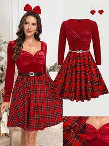 Ellevyn New Year Clothes,Plus Size Women Red Plaid Patchwork Velvet Twist Knot Short Dress Fall/Winter Christmas New Year Thanksgiving Party Elegant