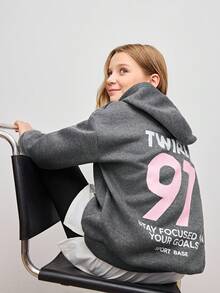 少女极简印花圆领长袖卫衣和裤子套装 - 深灰色 - 查看 5