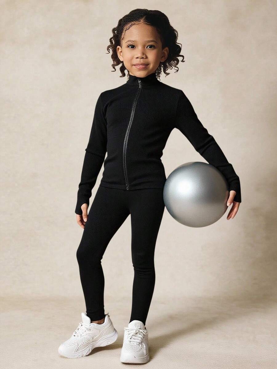 Set de 2 piezas con top de cárdigan de punto negro + pantalones de leggings para niñas jóvenes, conjunto de moda casual y combinable para uso diario - Negro - Ver 1