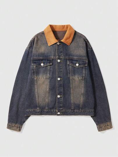 Men's Casual Fashion Street Contrast Color Collar Graphic Letter Print Distressed Washed Denim Jacket