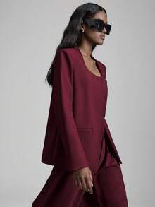 Ontre 女士酒红色舒适高品质面料圆领前开襟别致领口金属纽扣装饰肩部长袖宽松版型百搭服装，新款时尚都市休闲商务通勤办公服，低调优雅高品质机场外套 - 酒紅色 - 查看 5