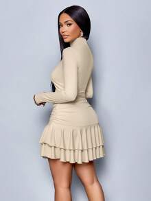 SOLERSUN 女士冬季服装 女士连衣裙 优雅优雅派对日间杏色针织高领长袖褶皱双褶迷你连衣裙