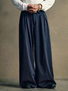 AXEPEAK 男士街头时尚宽松条纹印花裤，秋季 - 藏蓝色 - 查看 1