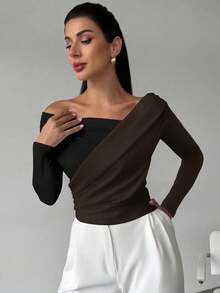 Firerie Áo thun tay dài cổ bẻ phối màu đơn giản thanh lịch quyến rũ gợi cảm hàng ngày cho nữ đi làm lễ hội âm nhạc nghỉ dưỡng - màu nâu - Xem 4