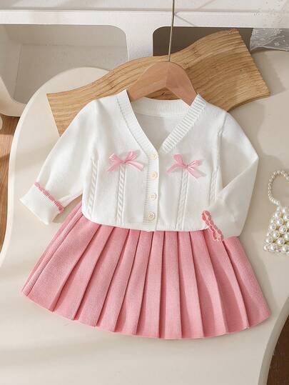 2025 新款秋冬女婴两件套 - 优雅百搭，白粉色配 3D 手工蝴蝶结，慵懒风宽松柔软针织长袖上衣 + 短裙，适合日常穿着和节日场合