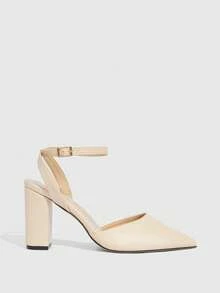 CUCCOO SZL 尖头粗跟露后跟系带百搭优雅性感杏色PU高跟鞋 - 杏色 - 查看 3