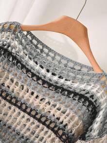 CosyJoli Plus Size Casual Blue & White Striped Hollow Out Boat Neck Loose Cropped Long Sleeve Sweater In Fall/Winter