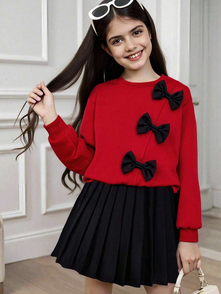 2件套：蝴蝶结点缀卡其色长袖运动衫和黑色百褶迷你裙 - 酒紅色 - 查看 1