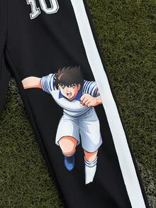 Captain Tsubasa X SHEIN 青少年男孩运动足球数字和图形对比色松紧腰宽松舒适慢跑运动裤 - 黑色 - 查看 4