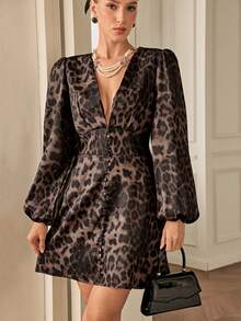 Aveloria Rosie Damska sukienka mini z nadrukiem w panterkę, dekoltem w serek i ściągaczem w talii, na imprezę, z seksownym zdobieniem na guziki, z długim rękawem typu latarnia, jesień/zima