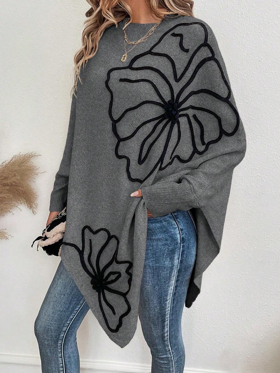 SHEIN LUNE Sweater Lengan Kelelawar Motif Bunga 3D untuk Wanita, Tren Musim Gugur/Dingin - Grey - View 1