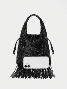 SHECARRY Bolso de mano con flecos y lentejuelas para mujer - Negro - Ver 3