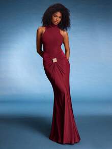 Normani Vestido elegante de manga larga y cuello alto con espalda descubierta y decoración de hebilla metálica para mujer, disponible en burdeos y rojo ladrillo, hecho de tela de punto elástica, adecuado para fiesta de cóctel, cita romántica, uso casual de otoño/invierno, boda, dama de honor, fiesta formal, Halloween, Navidad, vestido, vestidos para mujer, vestidos de verano para mujer, vestido de fiesta de té - Burdeos - Ver 5