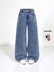 SHEIN Tween Girls Y2K 时尚水洗蓝色水钻装饰牛仔裤，喇叭腿休闲牛仔裤，适合城市漫步、日常时尚、拍照、闲逛、上学、通勤、聚会，2025 年秋季新品 - 中等水洗藍 - 查看 4