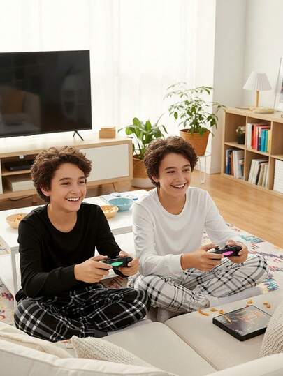 4pcs Boy Pajamas Set, Long Sleeve Top With Contrast Cuffs & Pants With Plaid Pattern, Comfortable Fit, Stretchy And Machine Washable, Minimalist Design For Easy Matching (2 Sets Sold Separately)