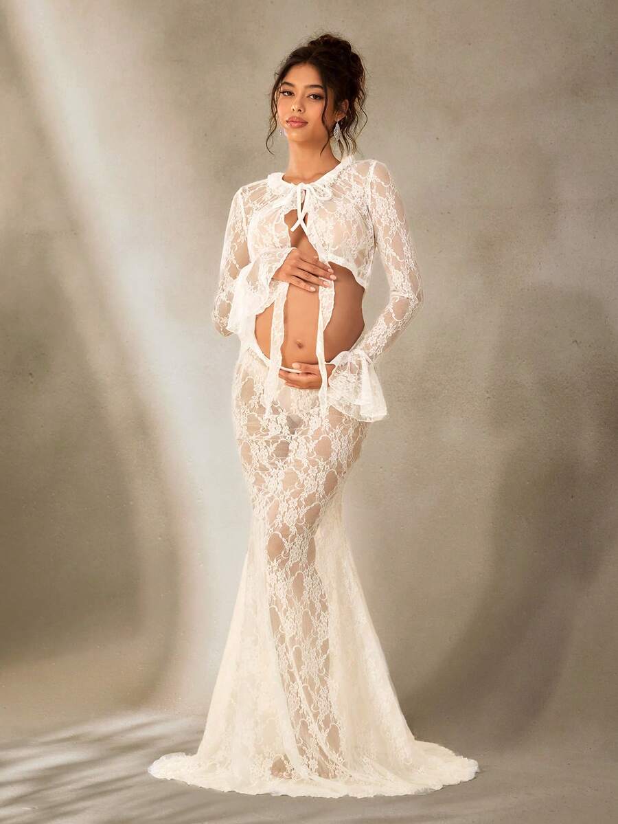 Cheriluna Maternity Sexy Lace Sheer Ruffle Maternity 2 Pieces Photoshoot Outfit - White - View 1