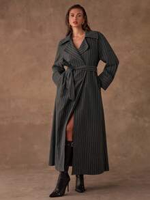 SHEIN BAE Áo khoác ngoài dài tay kẻ sọc buộc dây phía trước cho nữ mùa thu/đông, phong cách mùa thu/đông, áo khoác dài màu xám thanh lịch, ấm áp và thời trang, hoàn hảo cho các bữa tiệc và buổi đi chơi thường ngày - Màu xanh hải quân - Xem 4