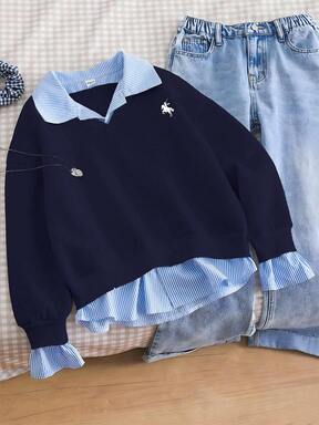 Genkimix Kids סווטשירט גדול במיוחד לבנות 1 יחידות, אפור 2 ב-1, הדפס מצויר, עיצוב טלאים, טופ עם צווארון פסים בסגנון קולג', מתאים לנסיעות, בית ספר, טיולים, בגדים כחולים פרפיים, סוודרים אחידים לבנות, טווין, סוודר כחול כהה, בגדי בנות פרפיים, בגדי פרפי לבנות