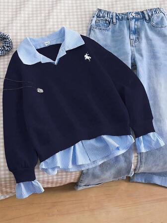 Genkimix Kids סווטשירט גדול במיוחד לבנות 1 יחידות, אפור 2 ב-1, הדפס מצויר, עיצוב טלאים, טופ עם צווארון פסים בסגנון קולג', מתאים לנסיעות, בית ספר, טיולים, בגדים כחולים פרפיים, סוודרים אחידים לבנות, טווין, סוודר כחול כהה, בגדי בנות פרפיים, בגדי פרפי לבנות