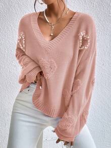 SHEIN LUNE Heart Pattern Drop Shoulder Faux Pearls Beaded Sweater,Long Sleeve Tops Knit Pullover Fall Winter Outfit