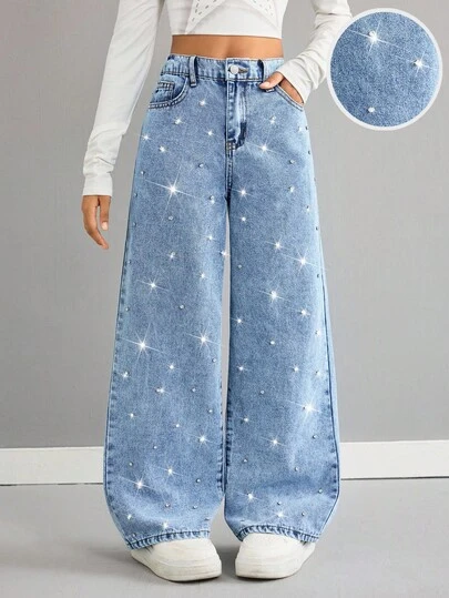 SHEIN Young Girl' Y2K Loose Fit Sparkling Rhinestone Decor Blue Denim Pants,Fall Clothes,Winter Clothing ,Casual And Fashionable Vacation Outfits,2000s Style ,Halloween Denim Jeans ,Christmas    Clothing,Nail Beads, Bricks And Stones,Beading, Diamonds Shining, Party Clothing .